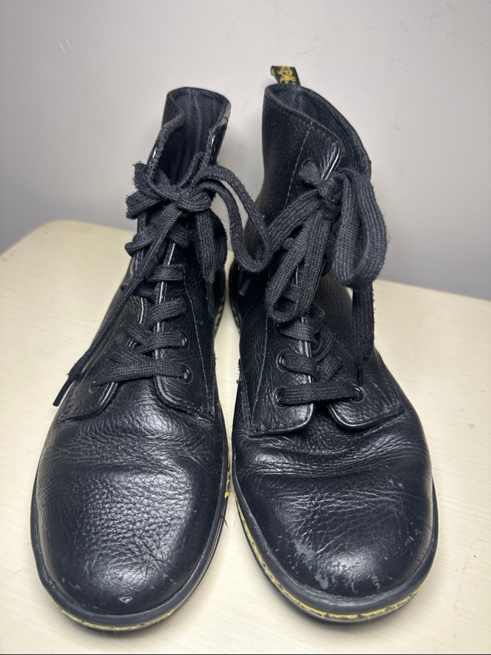 Doc Martens Black Leather Lace-Up Boots with Yellow Stitching - Picture 4 of 8